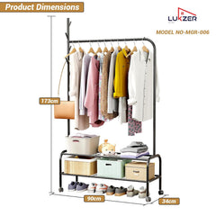 Lukzer Metal Garment Rack with Wheels & Double Bottom Storage Shelves (MGR-006/Black)