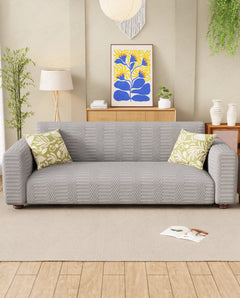 Lukzer Pastel Shades Textured Sofa Cover - Light Grey Dotted Stripe (SC-067-01)