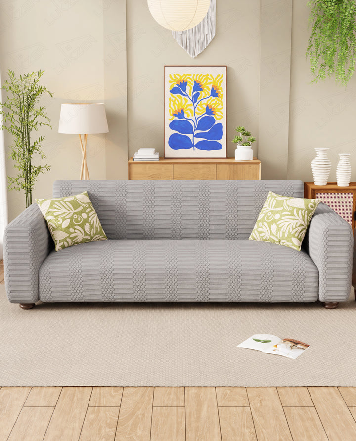 Lukzer Pastel Shades Textured Sofa Cover - Light Grey Dotted Stripe (SC-067-01)