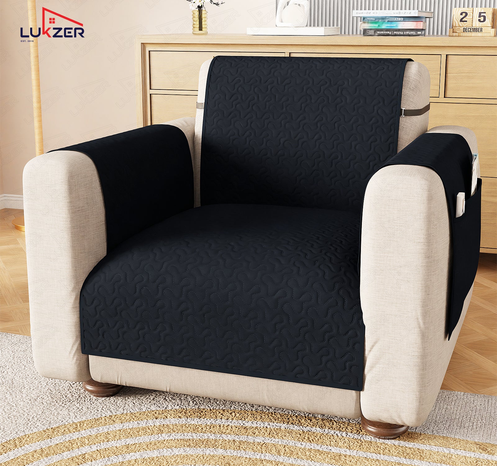 Lukzer Quilted Stipple Blue Sofa Cover Mat with Storage Side Pocket | 350 GSM Polyester Blend Full Coverage with Arms &amp; Back Belt | Machine Washable Sofa Runner.