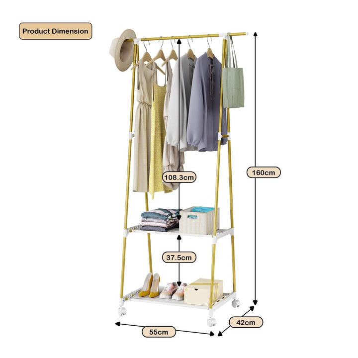 Lukzer A-Shaped Metal Garment Stand with Dual Storage Shelves & Wheels (MGR-010/Olive Yellow)