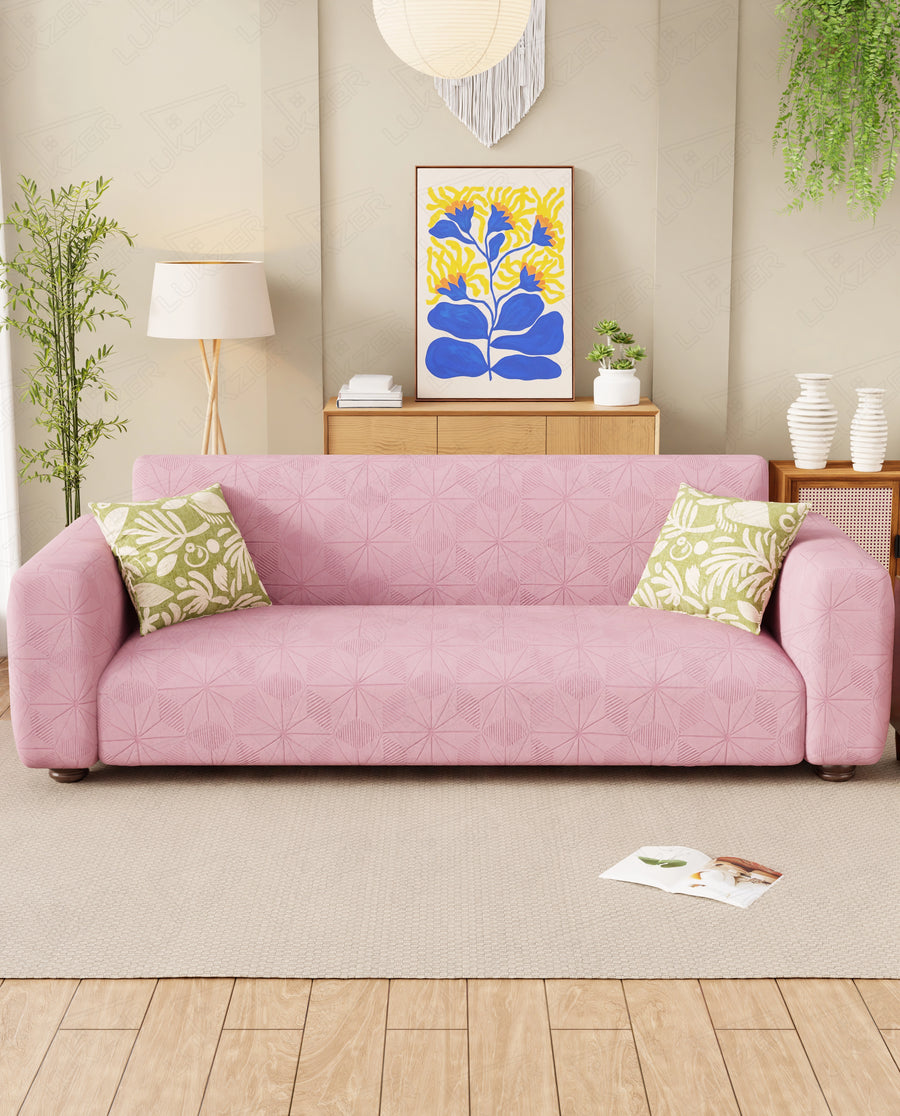 Lukzer Pastel Shades Textured Sofa Cover - Pink Starlight Grid (SC-144-01)