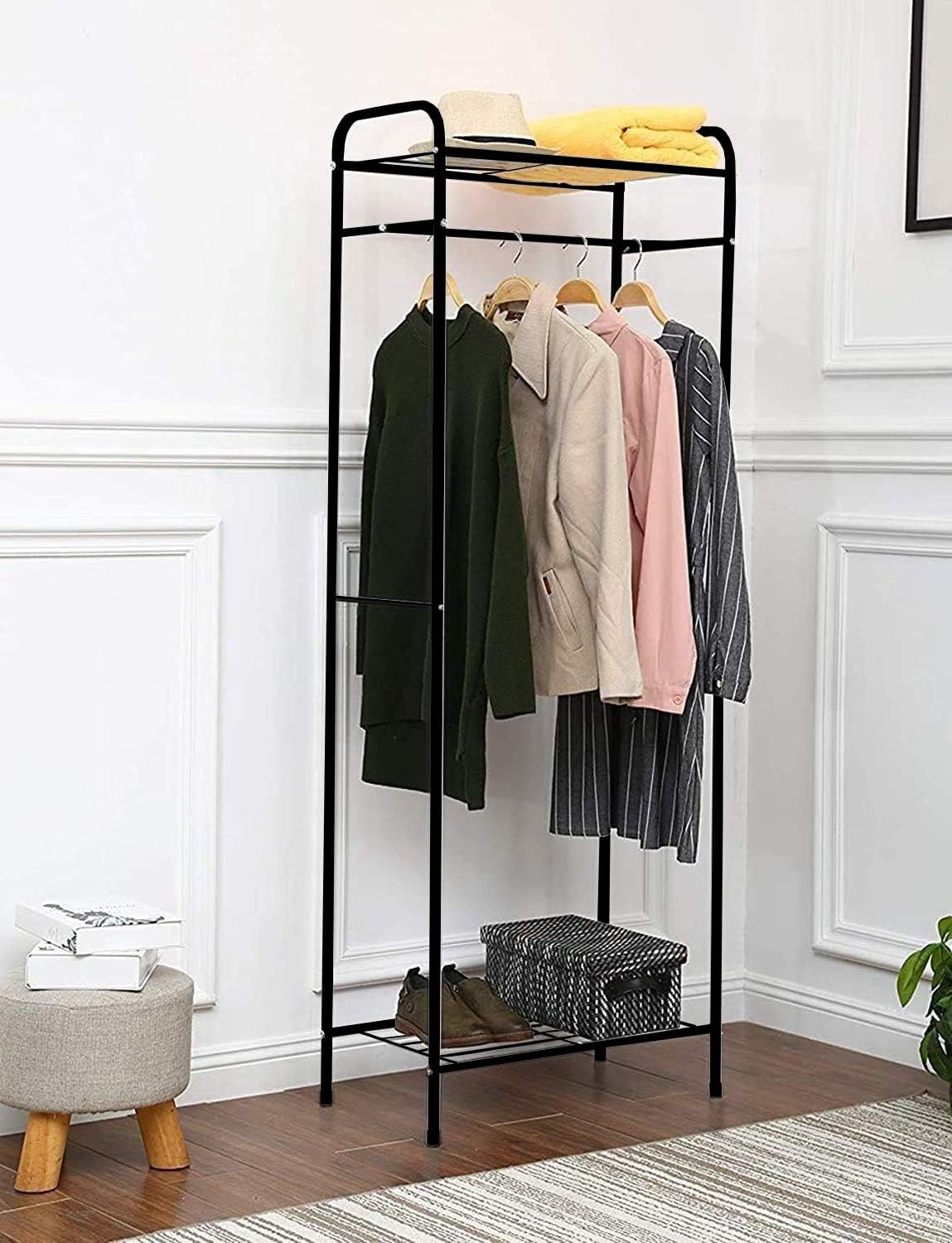 Lukzer Space-Saving Garment Stand with Shelves – Durable Metal Frame (Black/White, 163x60x35cm)