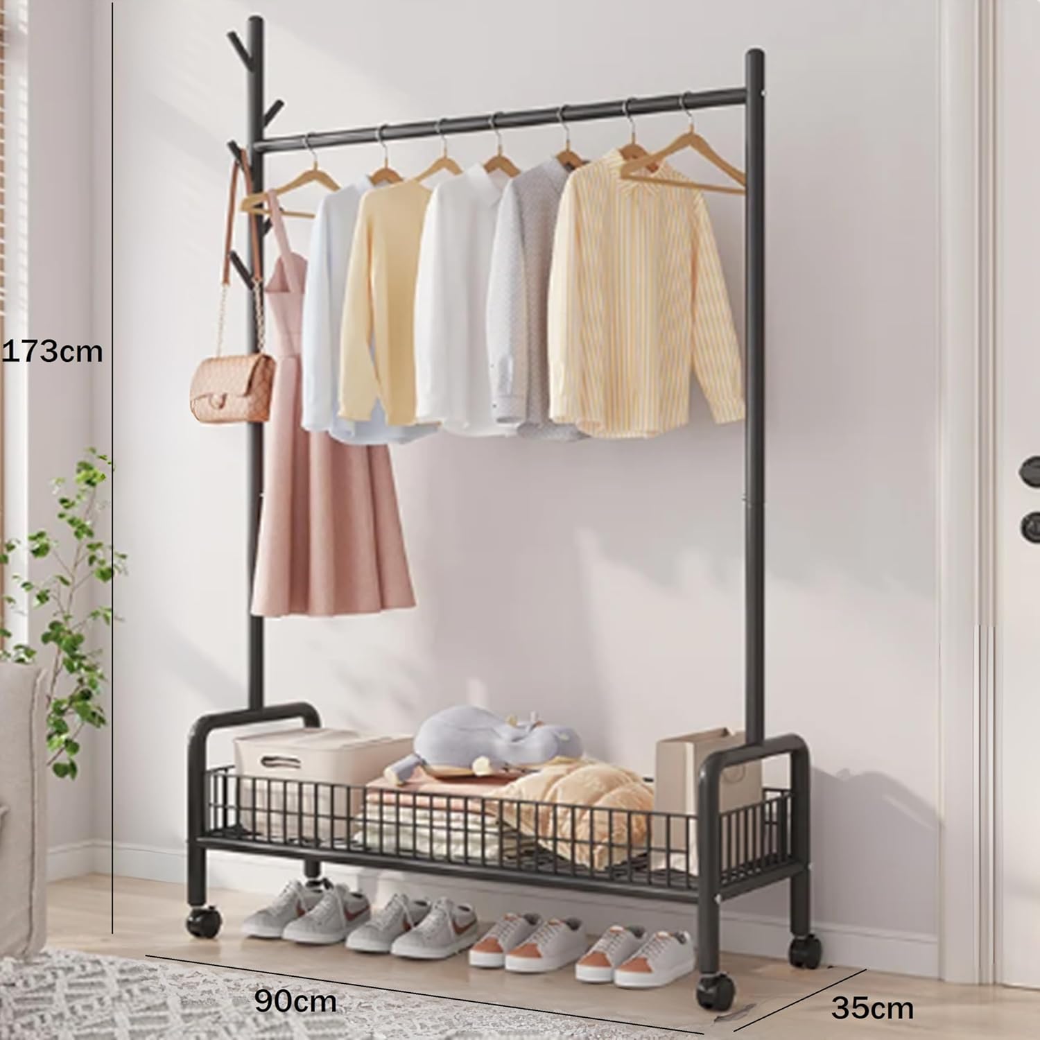 Lukzer Heavy-Duty Portable Metal Clothes Rack with Single Rod & Bottom Shelf (MGR-001/Black)