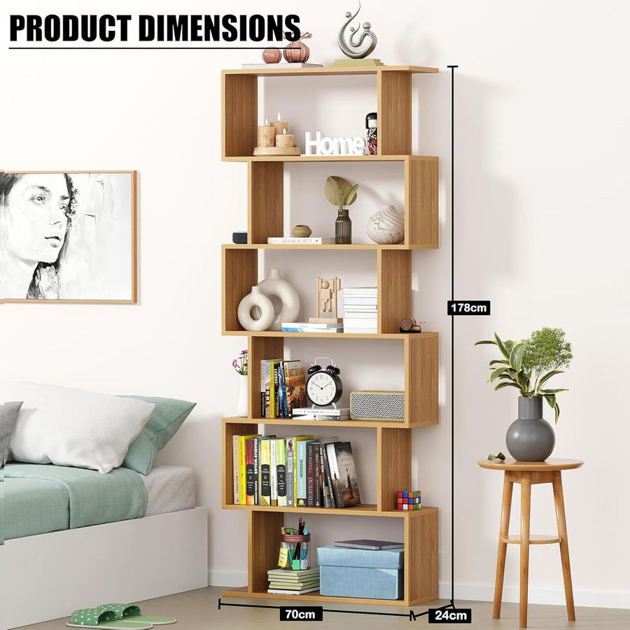 Lukzer 6-Layer S-Shaped Ladder Engineered Wood Open Bookshelf Rack (MR-002, Light Oak)