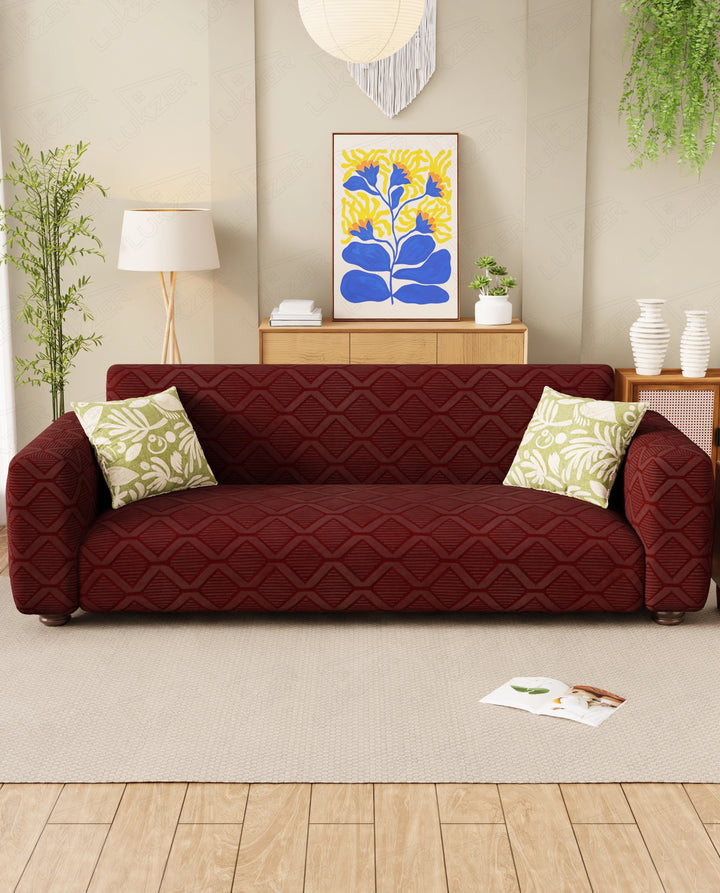Lukzer Pastel Shades Textured Sofa Cover -  Deep Maroon Diamond (SC-158-01)
