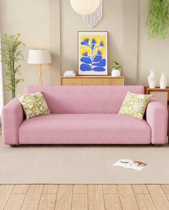 Lukzer Pastel Shades Textured Sofa Cover - Pink Curved Diamond (SC-088-01)