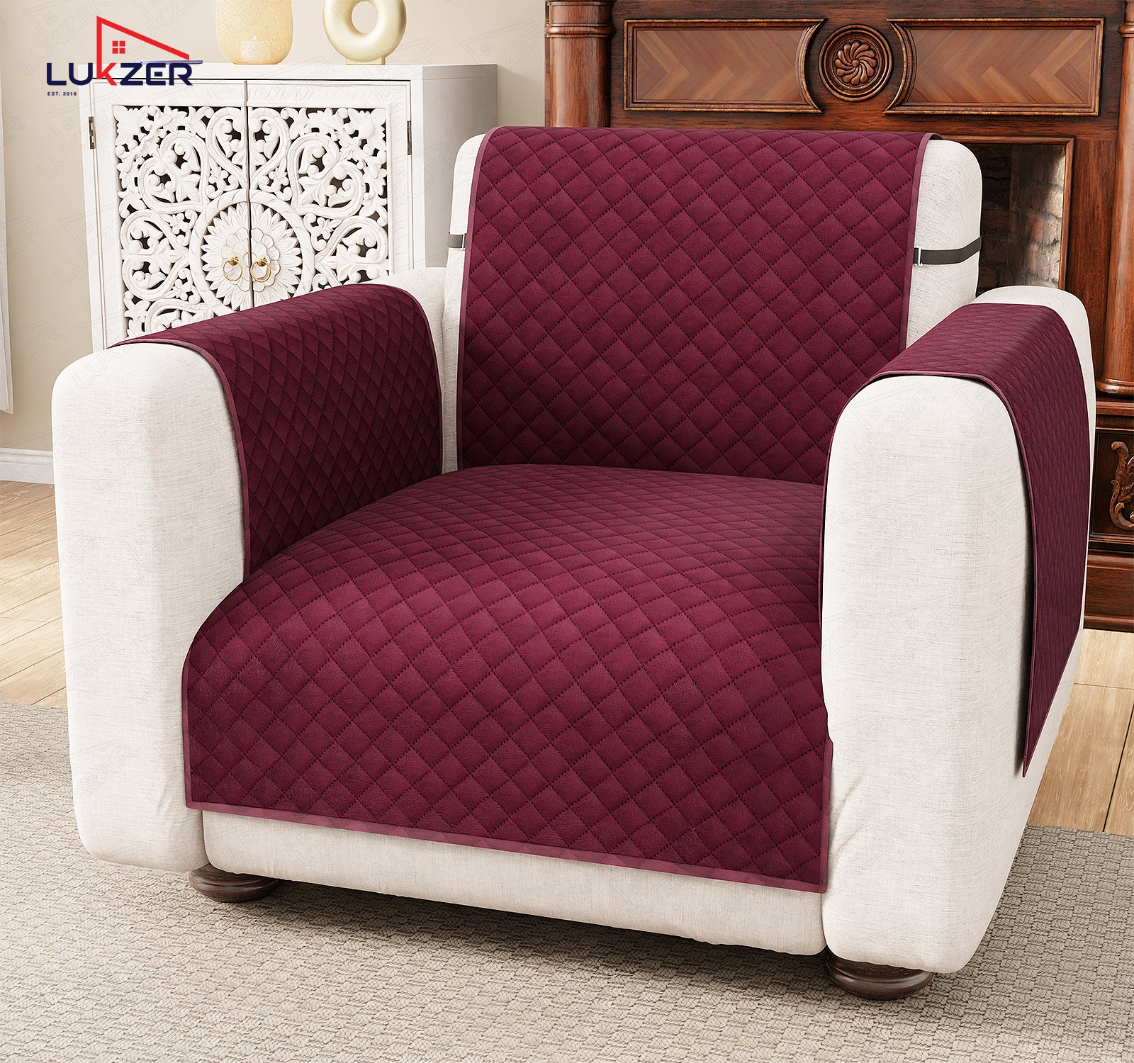 Lukzer Quilted Velvet Sofa Mat | 200 GSM Soft Washable &amp; Removable Couch Protector | Anti-Slip Elastic Strap Cover for Living Room, Pet &amp; Spill Protection
