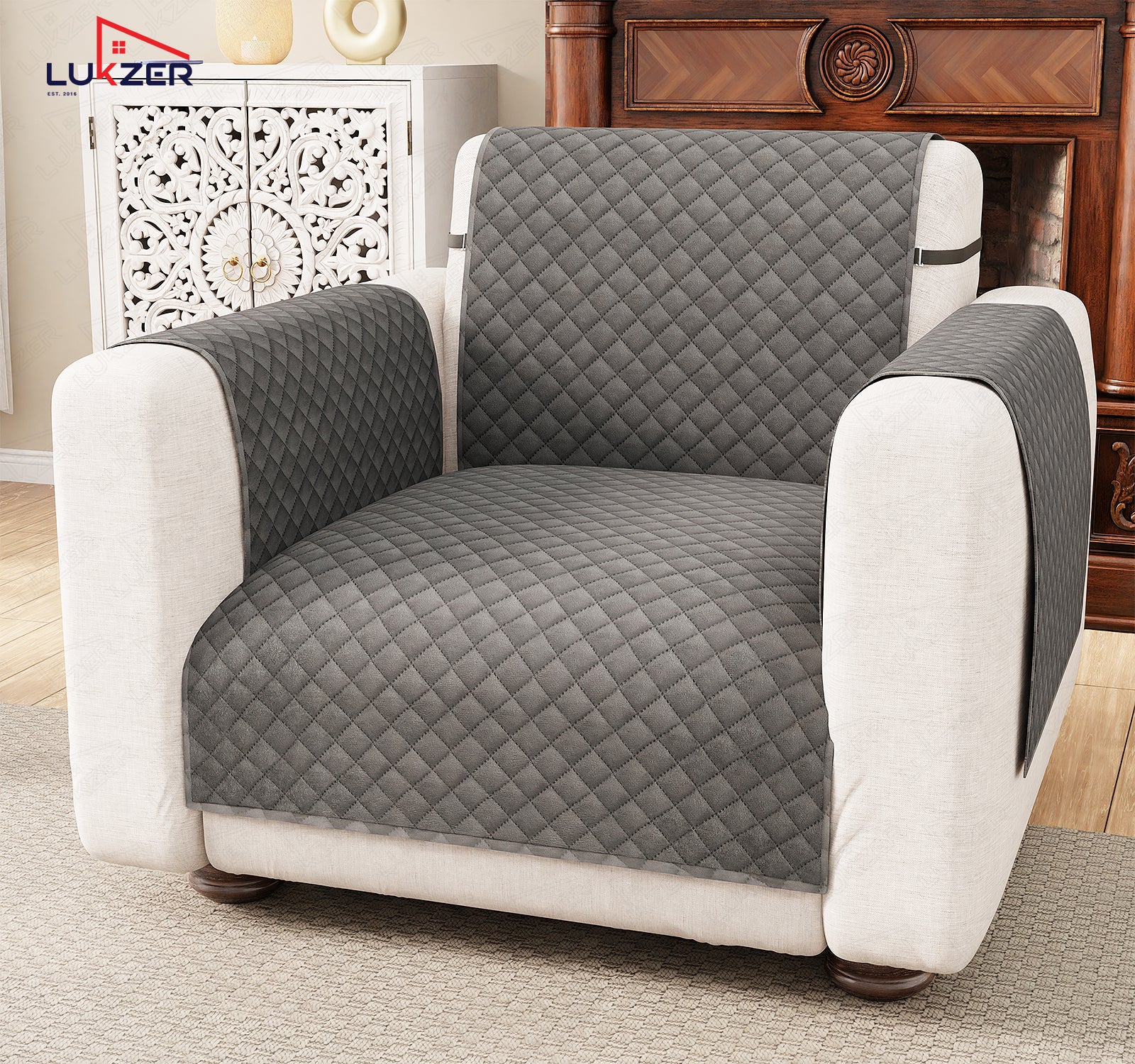 Lukzer Quilted Velvet Sofa Mat | 200 GSM Soft Washable &amp; Removable Couch Protector | Anti-Slip Elastic Strap Cover for Living Room, Pet &amp; Spill Protection