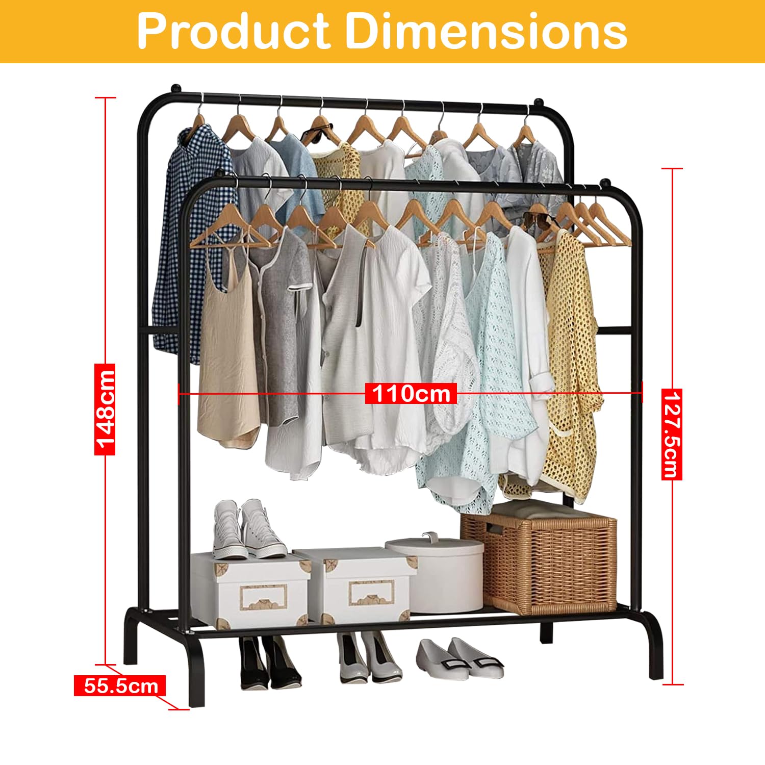 Lukzer Heavy-Duty Double Garment Rack with Bottom Storage – (MGS-002)(White, Gold, Black, Rose Gold, Silver)