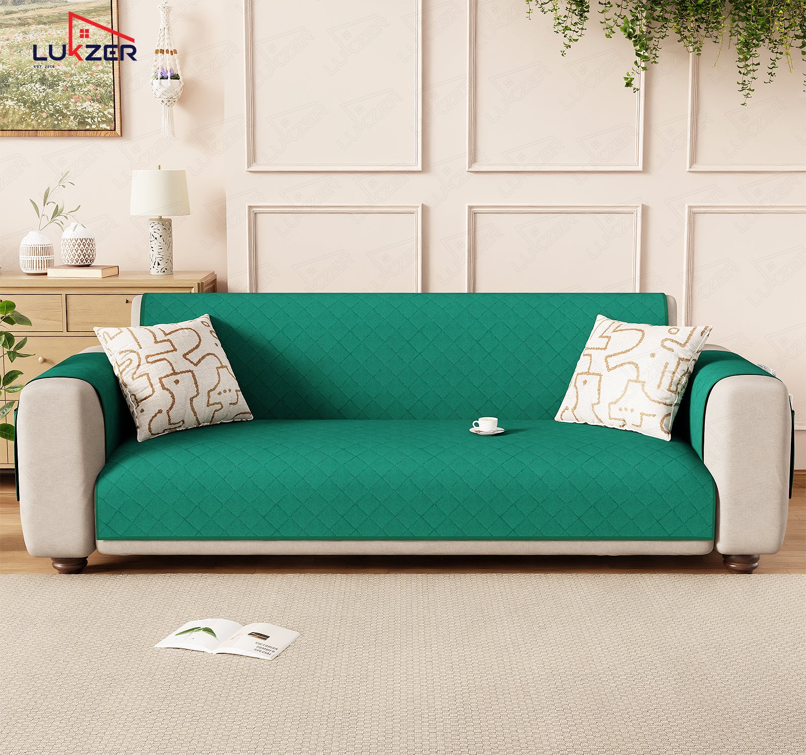 Lukzer Polyester Blend Quilted Sofa Cover Mat (350 GSM)| Full Coverage with Arms &amp; Back Belt | Machine Washable Sofa Runner with Storage Side Pocket