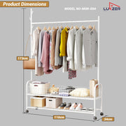 Lukzer Metal Single Rod Clothes Hanging Stand with Double Shelf & Lockable Wheels (MGR-004/White)