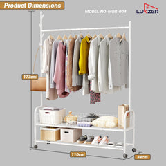 Lukzer Metal Single Rod Clothes Hanging Stand with Double Shelf & Lockable Wheels (MGR-004/White)