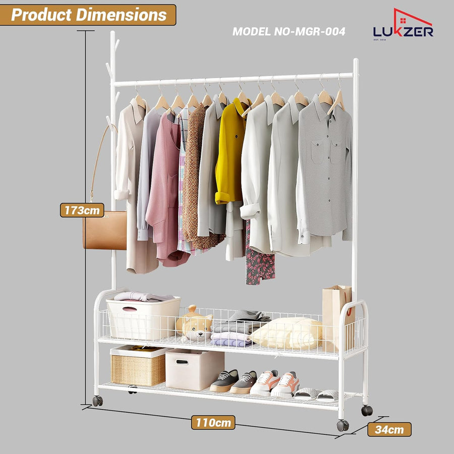 Lukzer Metal Single Rod Clothes Hanging Stand with Double Shelf & Lockable Wheels (MGR-004/White)