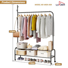 Lukzer Single Pole Portable Metal Garment Rack with 2 Bottom Shelves (MGR-008/Black)