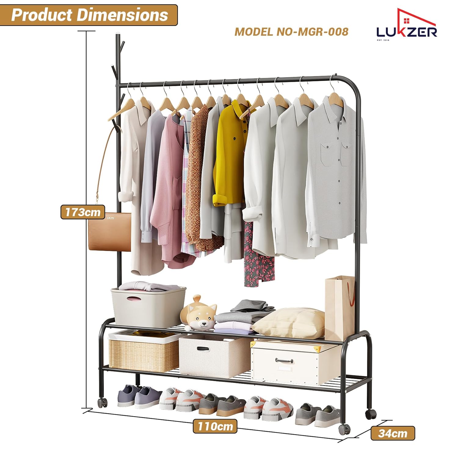 Lukzer Single Pole Portable Metal Garment Rack with 2 Bottom Shelves (MGR-008/Black)