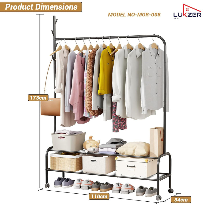 Lukzer Single Pole Portable Metal Garment Rack with 2 Bottom Shelves (MGR-008/Black)