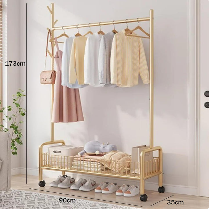 Lukzer Heavy-Duty Portable Metal Clothes Rack with Single Rod & Bottom Shelf (MGR-001/Gold)