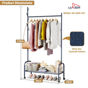 Lukzer Heavy-Duty Portable Metal Clothes Rack with Single Rod & Bottom Shelf (MGR-001/Deep Sea)