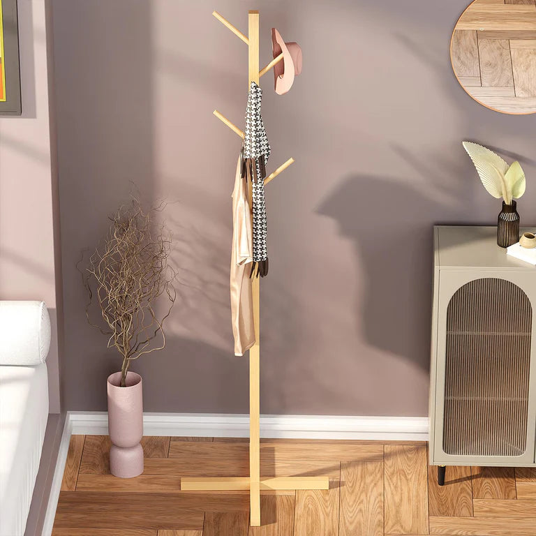 Lukzer Bamboo Freestanding Coat Hanger Stand with 8 Hooks (CH-493)