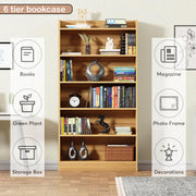 Lukzer 6-Layer Engineered Wood Bookshelf & Open Display Rack – Multi-Purpose Organizer (White, Light Oak & Oak Brown) | MR-007, 136x24x71cm