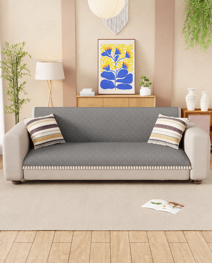 Lukzer 5 Seater Quilted Sofa Cover Mat with Tassels - 3+1+1 Seat - Stone Grey - SC-193-05T