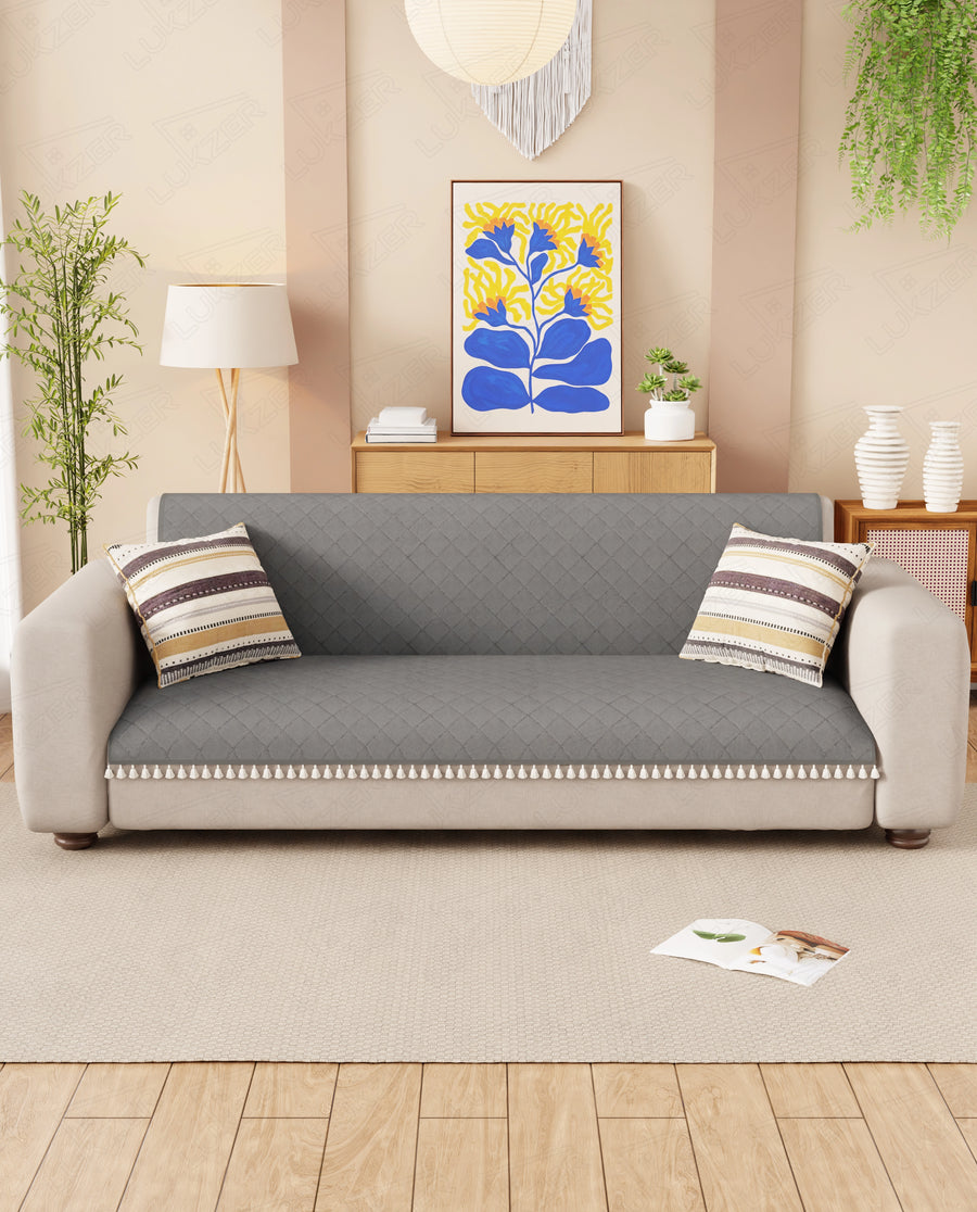 Lukzer 5 Seater Quilted Sofa Cover Mat with Tassels - 3+1+1 Seat - Stone Grey - SC-193-05T