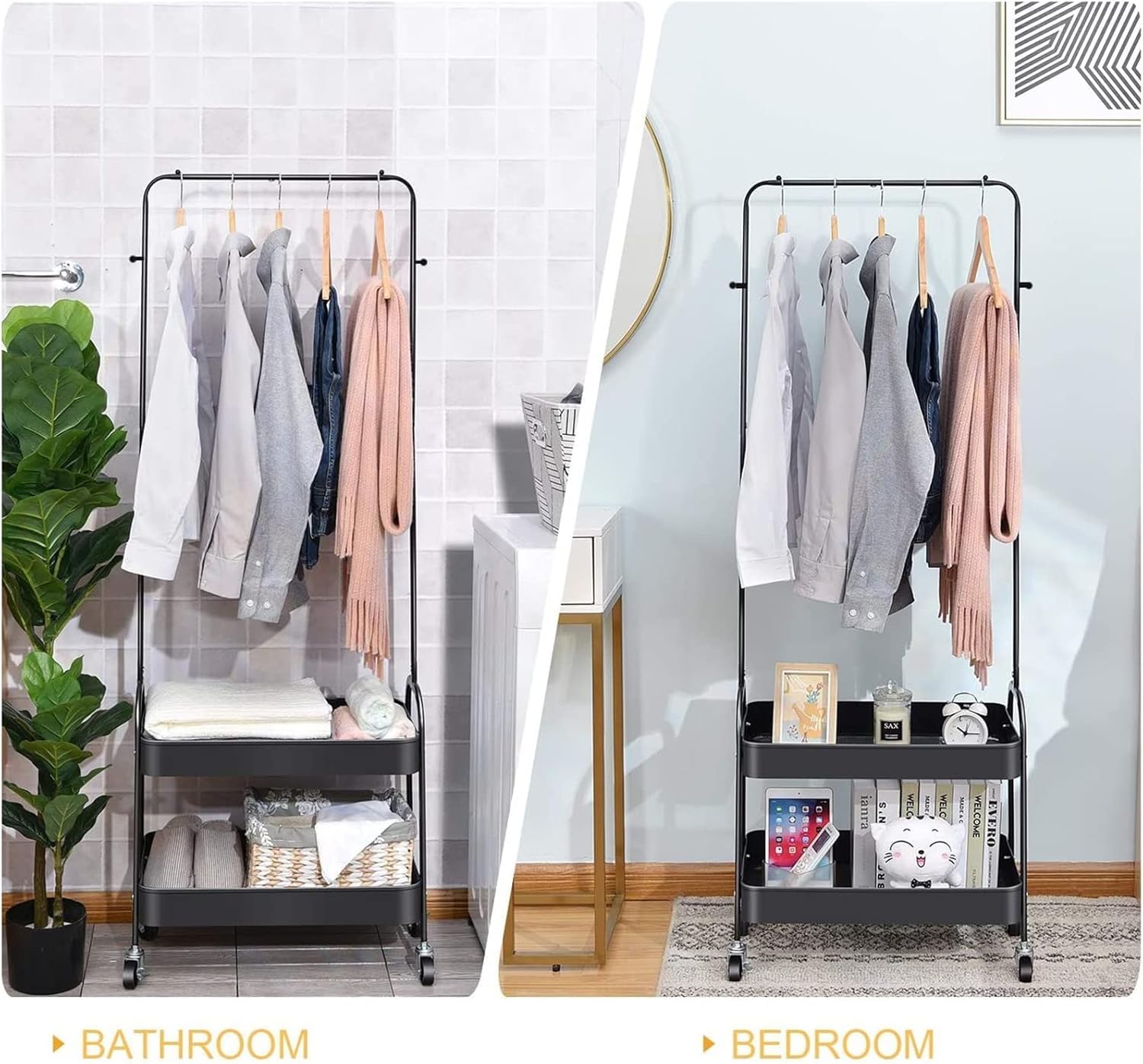 Lukzer 2-in-1 Portable Garment Rack with Wheels & 2-Tier Metal Baskets (Black/White, 32x66x156cm)