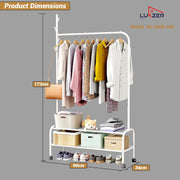 Lukzer Metal Garment Rack with Wheels & Double Bottom Storage Shelves (MGR-006/White)