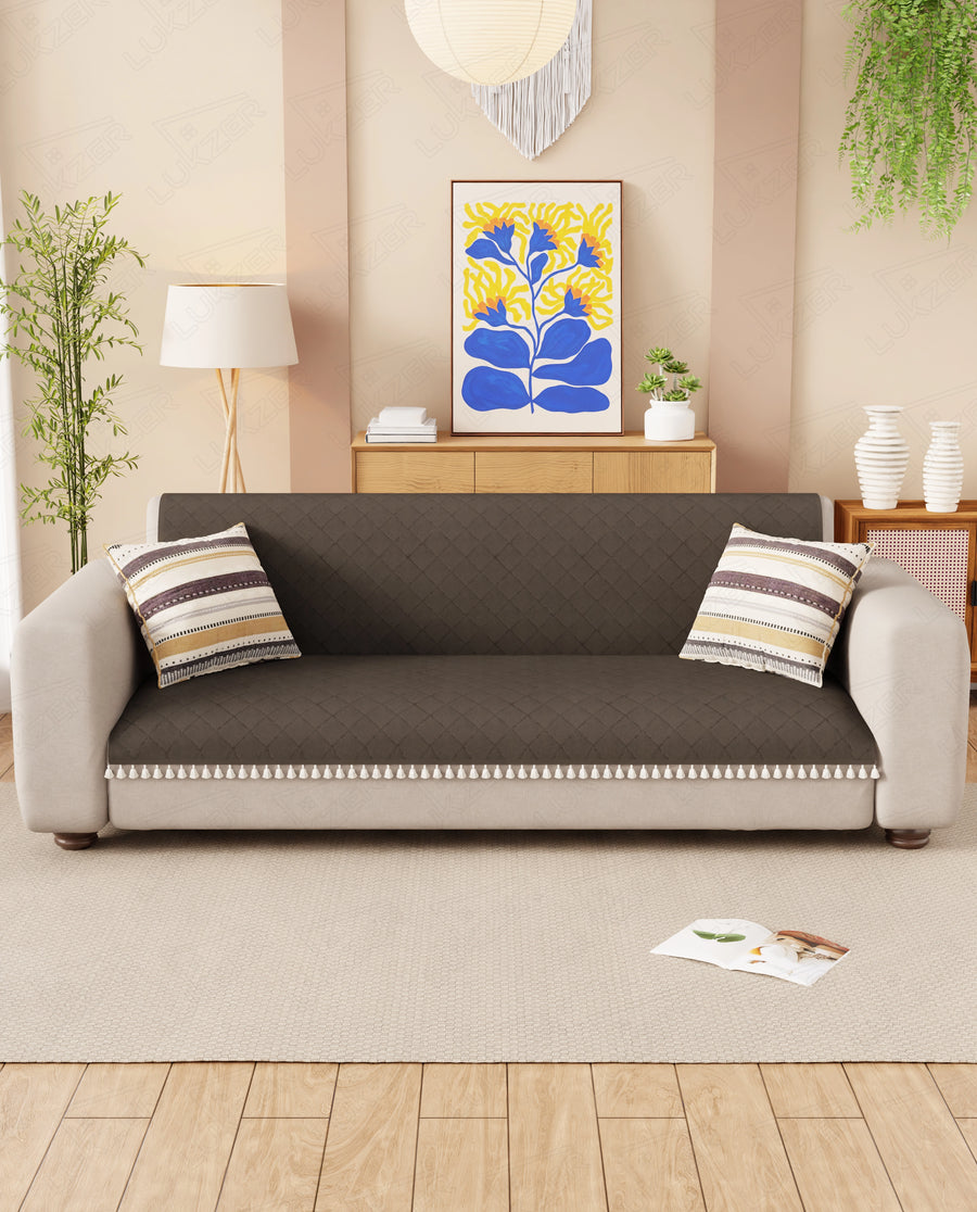 Lukzer 5 Seater Quilted Sofa Cover Mat with Tassels - 3+1+1 Seat - Chocolate Brown - SC-192-05T