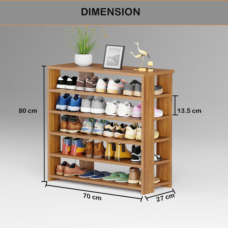 Lukzer 5-Tier Engineered Wood Shoe Rack | Multipurpose Storage Shelf (SR-002/Oak Brown)