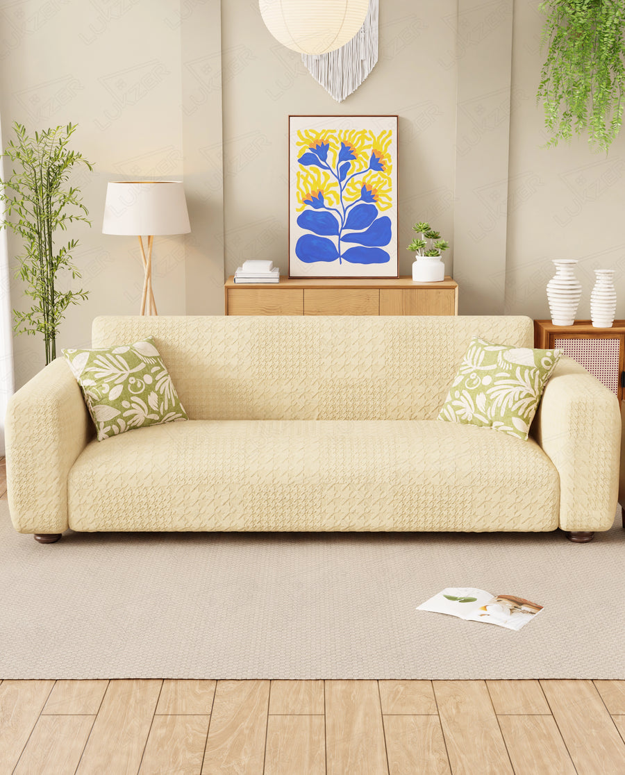 Lukzer Pastel Shades Textured Sofa Cover - Yellow Square Knit (SC-177-01)