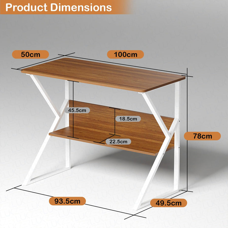 Lukzer Modern Engineered Wood Computer Desk with Bookshelf Oak Brown Top & White Frame (MST-001)