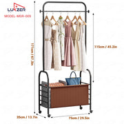 Lukzer Metal Clothes Rail Stand with Leather Storage Bin & Wheels (MGR-009/Black)