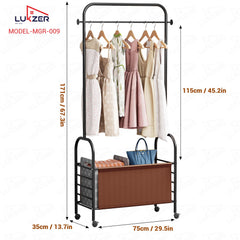 Lukzer Metal Clothes Rail Stand with Leather Storage Bin & Wheels (MGR-009/Black)
