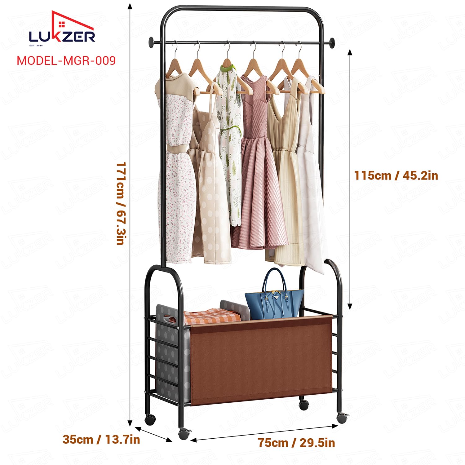 Lukzer Metal Clothes Rail Stand with Leather Storage Bin & Wheels (MGR-009/Black)