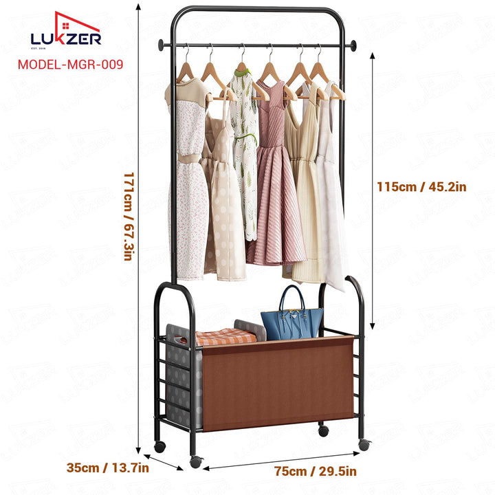 Lukzer Metal Clothes Rail Stand with Leather Storage Bin & Wheels (MGR-009/Black)