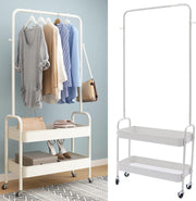 Lukzer 2-in-1 Portable Garment Rack with Wheels & 2-Tier Metal Baskets (Black/White, 32x66x156cm)