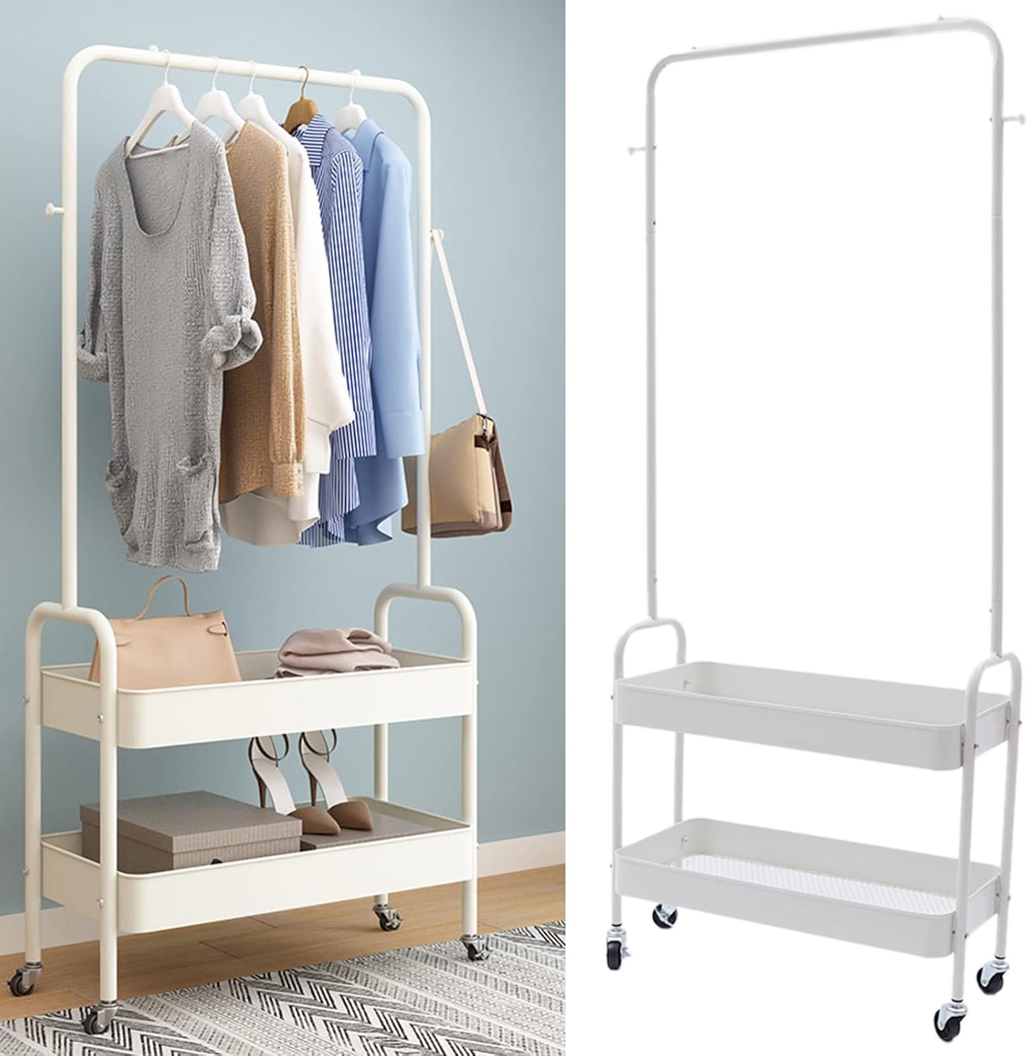Lukzer 2-in-1 Portable Garment Rack with Wheels & 2-Tier Metal Baskets (Black/White, 32x66x156cm)