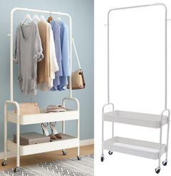 Lukzer 2-in-1 Portable Garment Rack with Wheels & 2-Tier Metal Baskets (Black/White, 32x66x156cm)