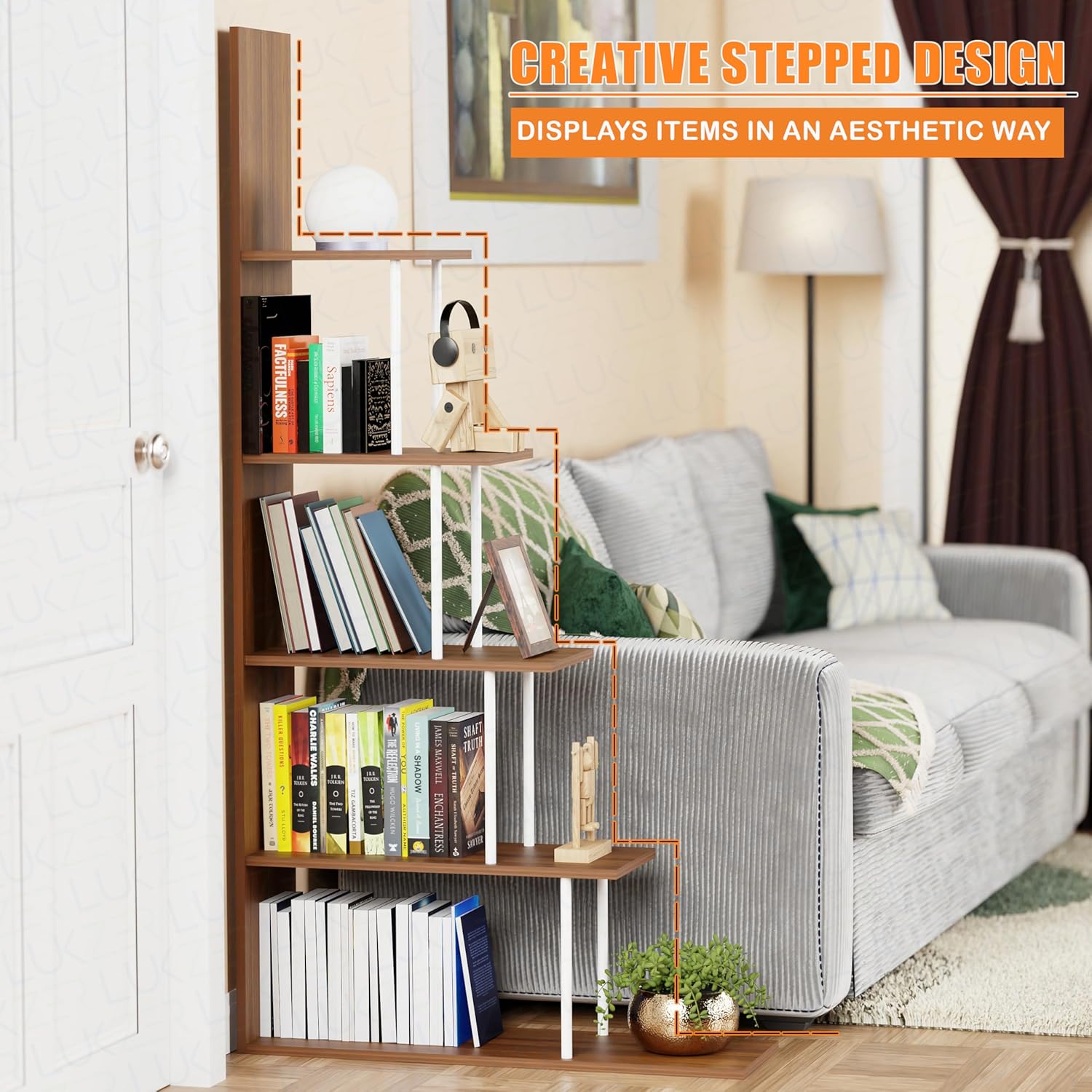 Lukzer 5-Tier L-Shaped Modern Step Design Storage & Display Unit (MRM-015/Oak Brown)