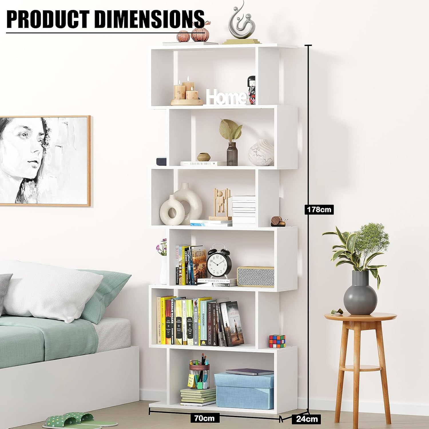 Lukzer 6-Layer S-Shaped Ladder Engineered Wood Open Bookshelf Rack (MR-002, White)