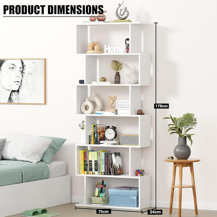 Lukzer 6-Layer S-Shaped Ladder Engineered Wood Open Bookshelf Rack (MR-002, White)
