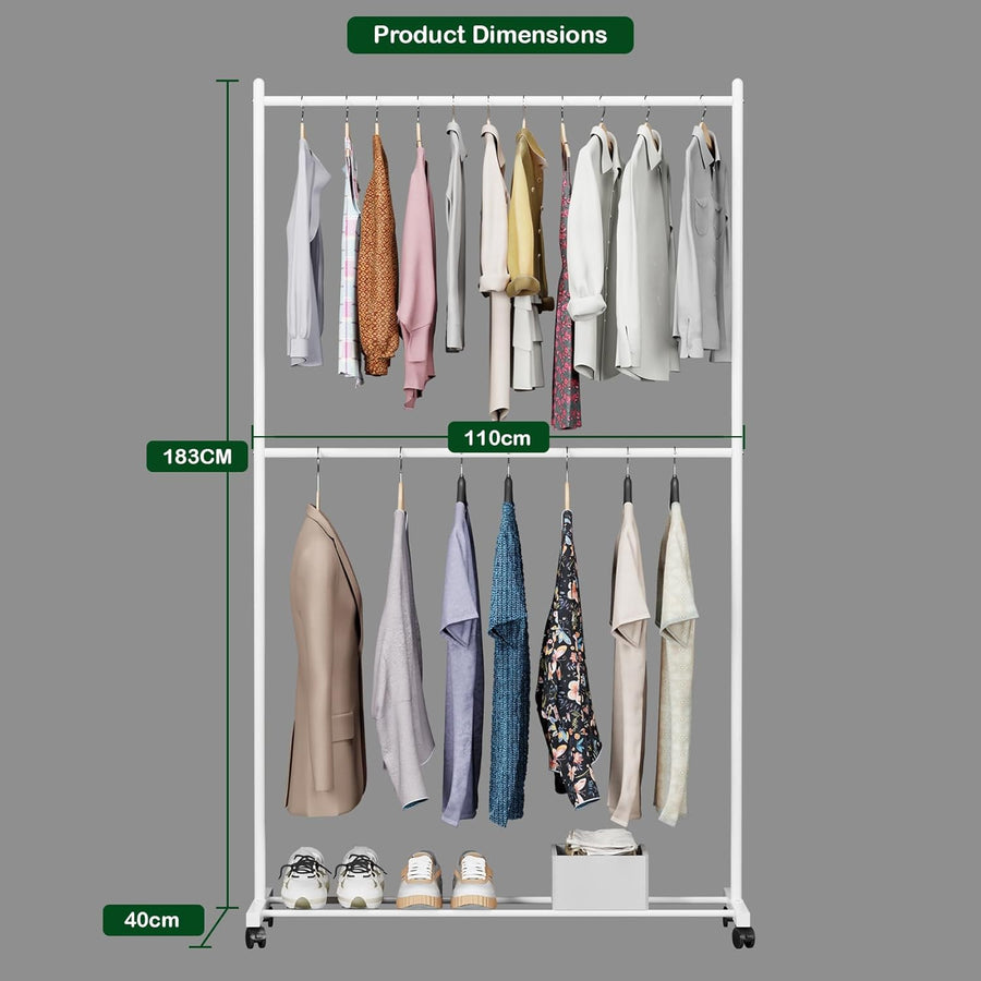 Lukzer Metal Double Rod Cloth Stand with Bottom Shelf & Wheels (MGS-006/White)