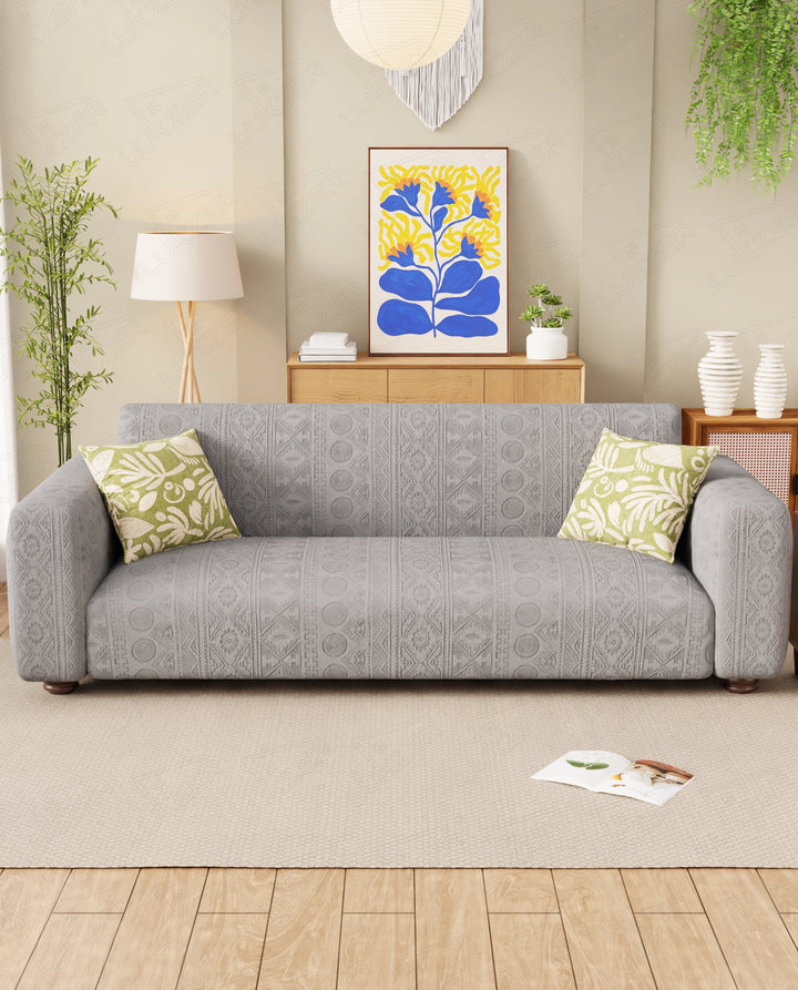Lukzer Pastel Shades Textured Sofa Cover - Light Grey Tribal Design (SC-072-01)