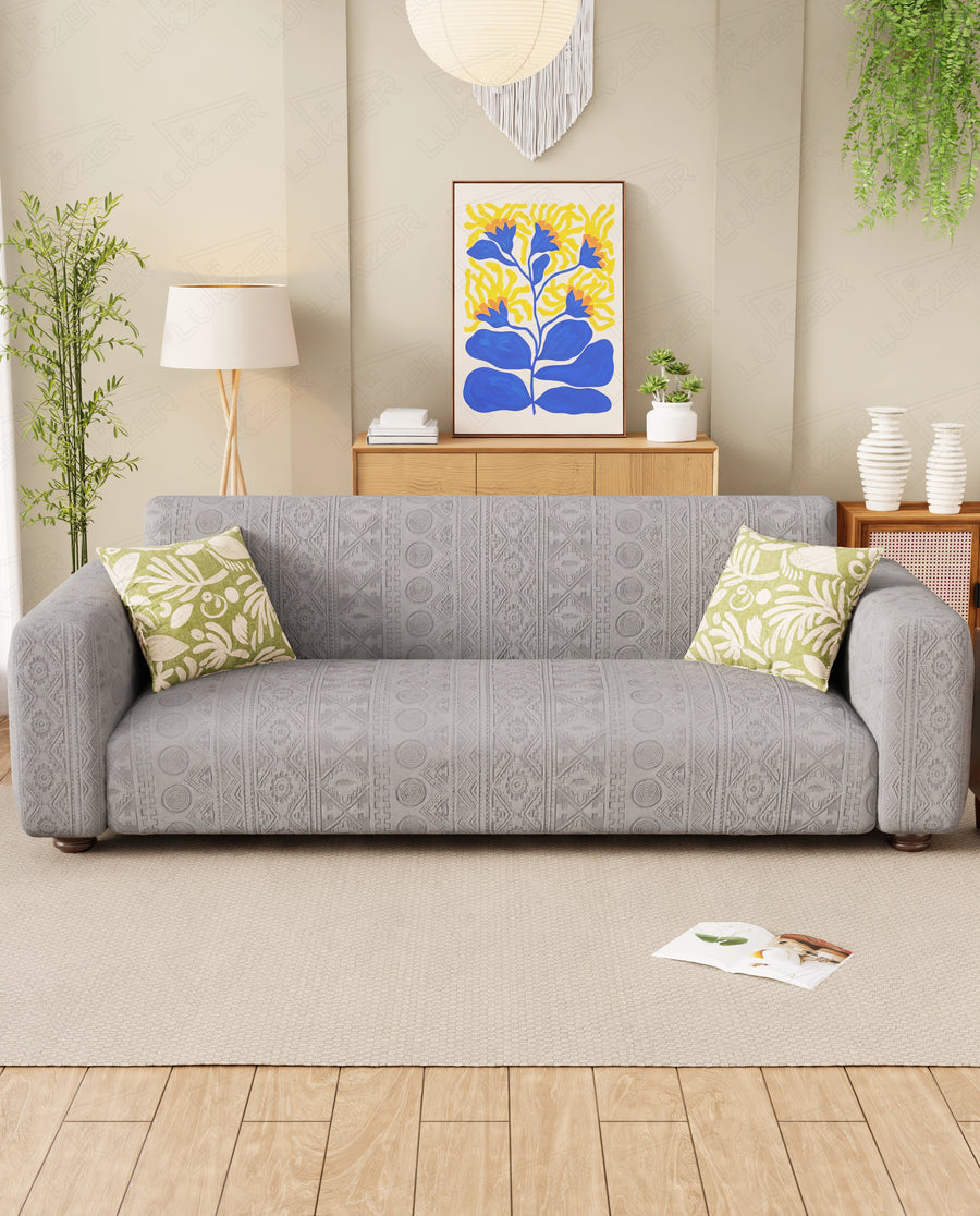 Lukzer Pastel Shades Textured Sofa Cover - Light Grey Tribal Design (SC-072-01)