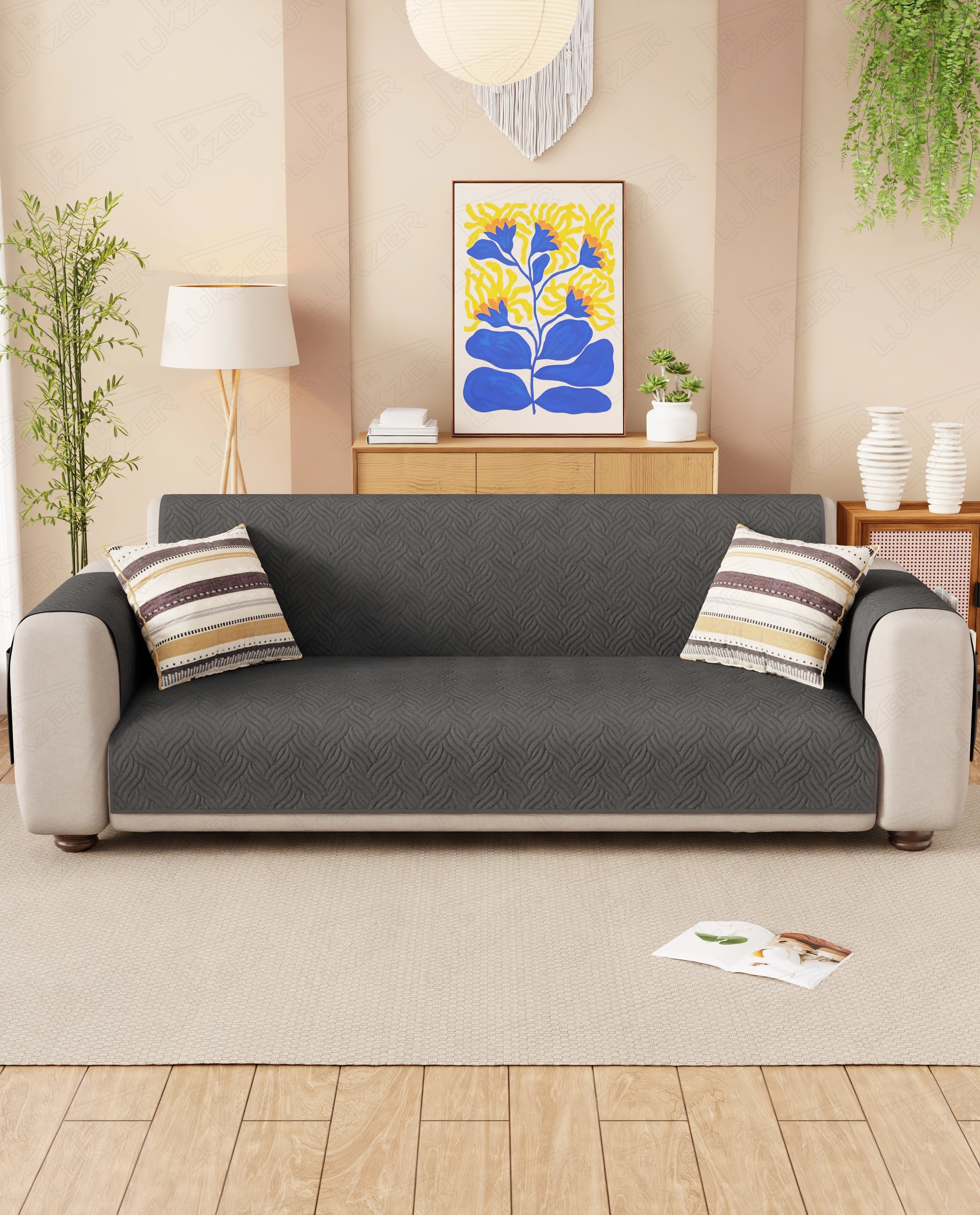 Lukzer Reversible Quilted Sofa Mat with Arms Aqua Weave Grey (SC-217-01)