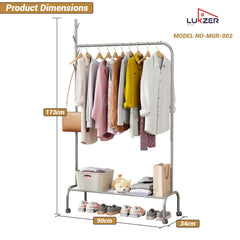 Lukzer Metal Garment Rack with Wheels & 1 Bottom Storage Shelf (MGR-005/Grey)