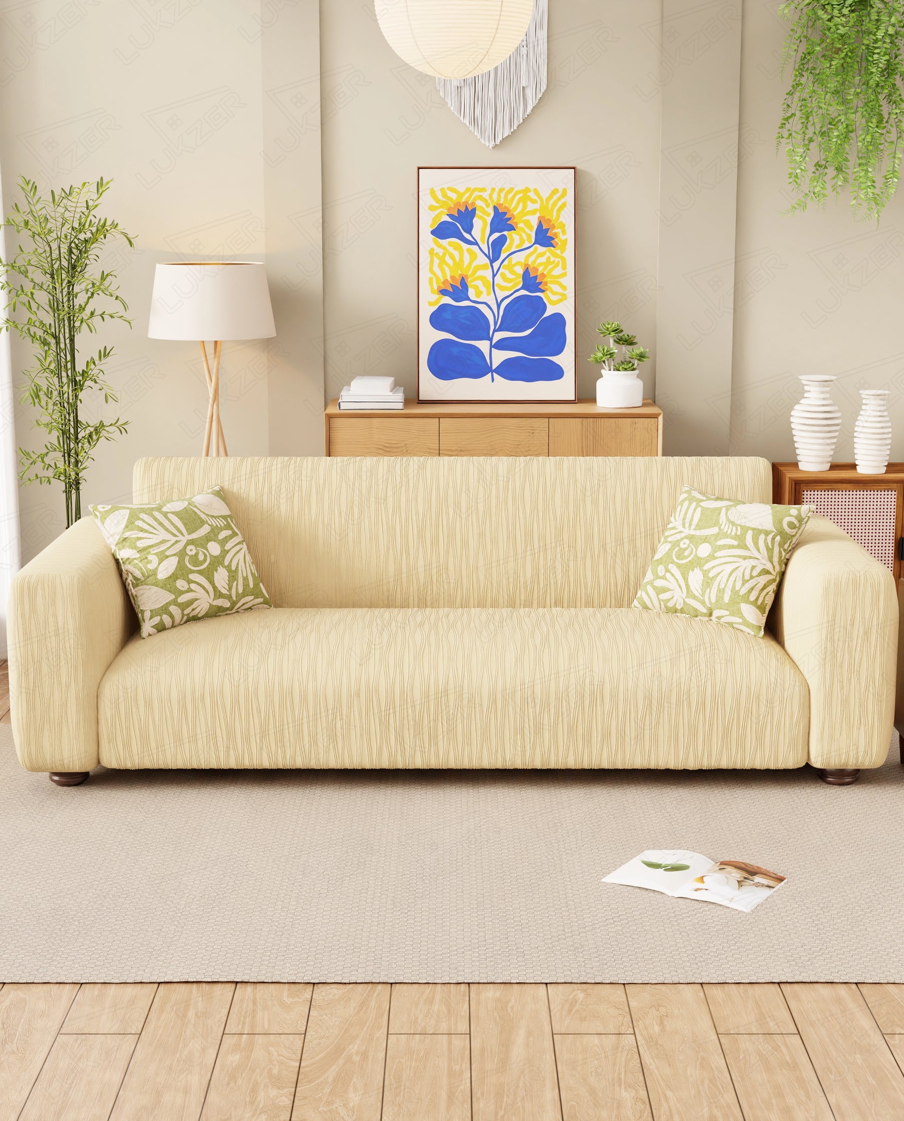 Lukzer Pastel Shades Textured Sofa Cover - Yellow Wavy Stripes (SC-083-01)