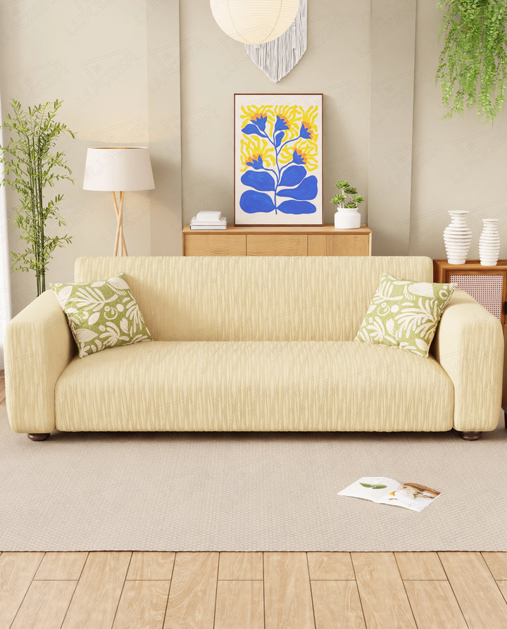 Lukzer Pastel Shades Textured Sofa Cover - Yellow Wavy Stripes (SC-083-01)